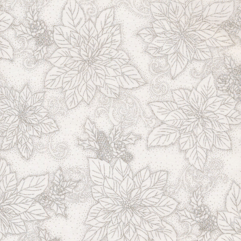 lovely off white fabric featuring scattered metallic silver outlines of poinsettias, pinecones, holly, and swirling filigree