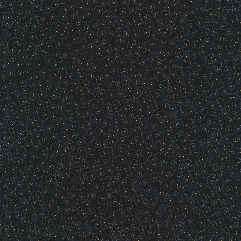 lovely mottled black fabric featuring tonal scrolling with metallic gold accents