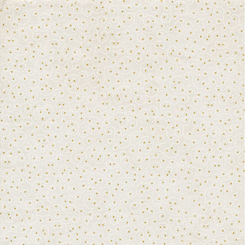 lovely mottled light cream fabric featuring tonal scrolling with metallic gold accents