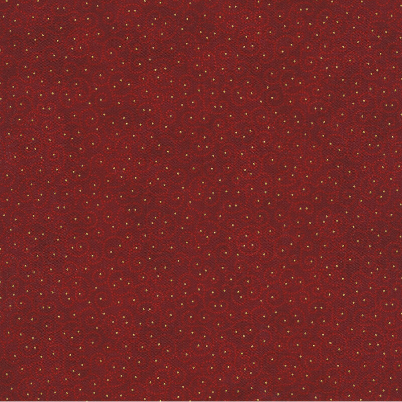 lovely mottled red fabric featuring tonal scrolling with metallic gold accents
