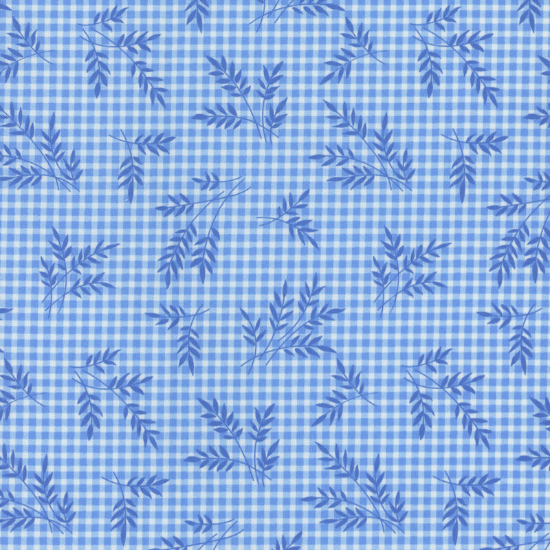 Blue gingham fabric, featuring scattered darker blue wheat sprigs