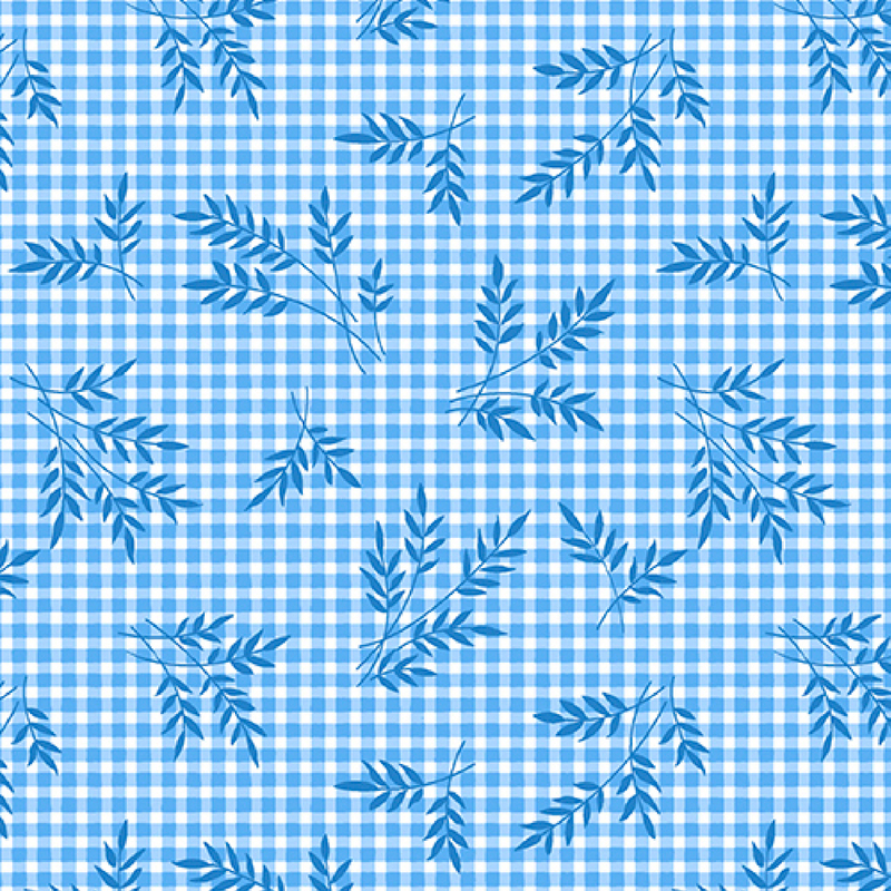 gorgeous cerulean blue gingham fabric, featuring scattered darker blue wheat sprigs
