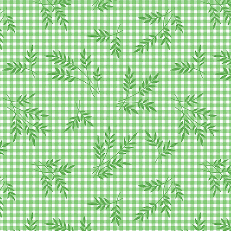 gorgeous spring green gingham fabric, featuring scattered darker green wheat sprigs