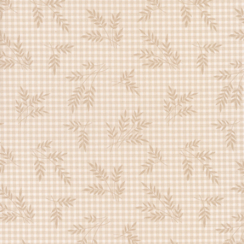 Cream gingham fabric, featuring scattered wheat sprigs