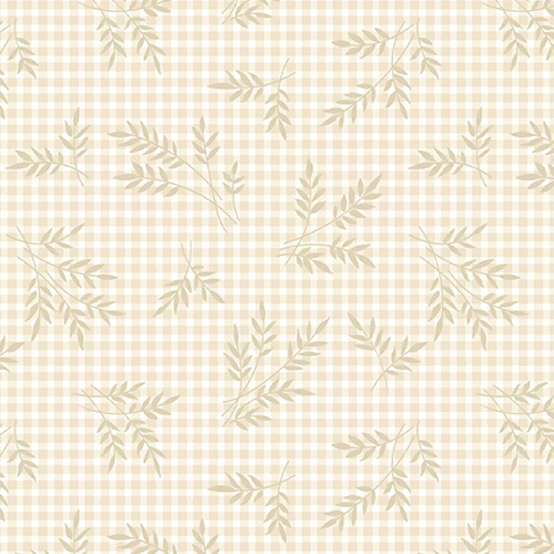 gorgeous rich cream gingham fabric, featuring scattered tan wheat sprigs