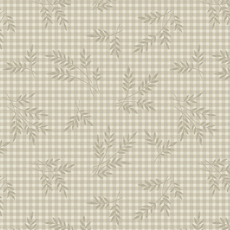 gorgeous rich taupe gingham fabric, featuring scattered darker taupe wheat sprigs