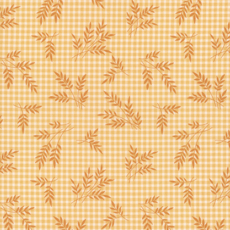 Golden yellow gingham fabric, featuring scattered golden wheat sprigs