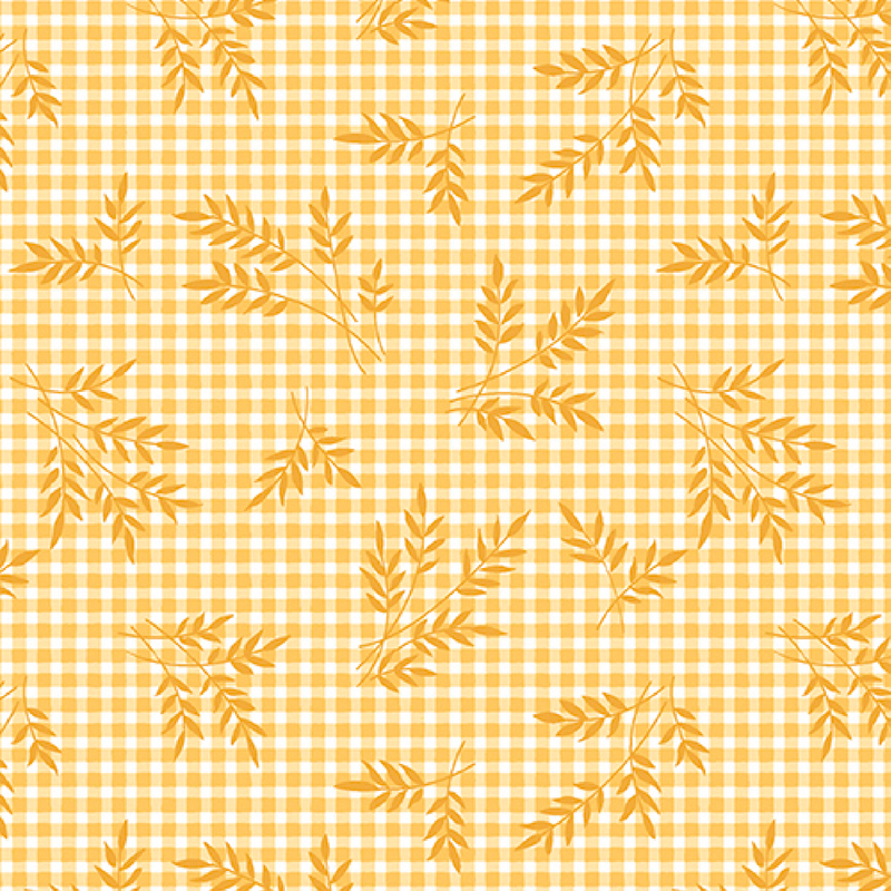 gorgeous golden yellow gingham fabric, featuring scattered darker gold wheat sprigs