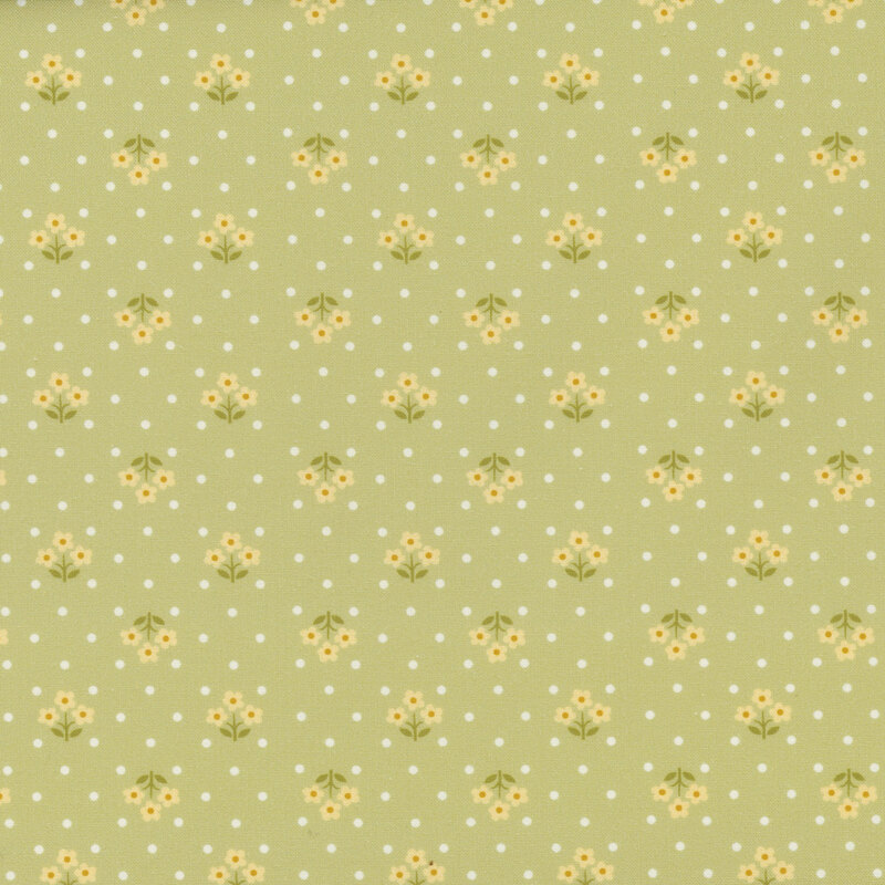 Light green fabric, featuring small white polka dots and yellow flower bundles