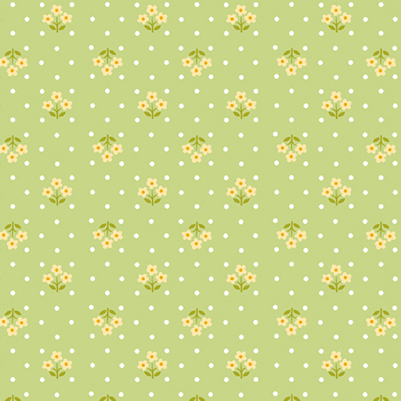 lovely light green fabric, featuring small white polka dots and alternating rows of three yellow flower bundles
