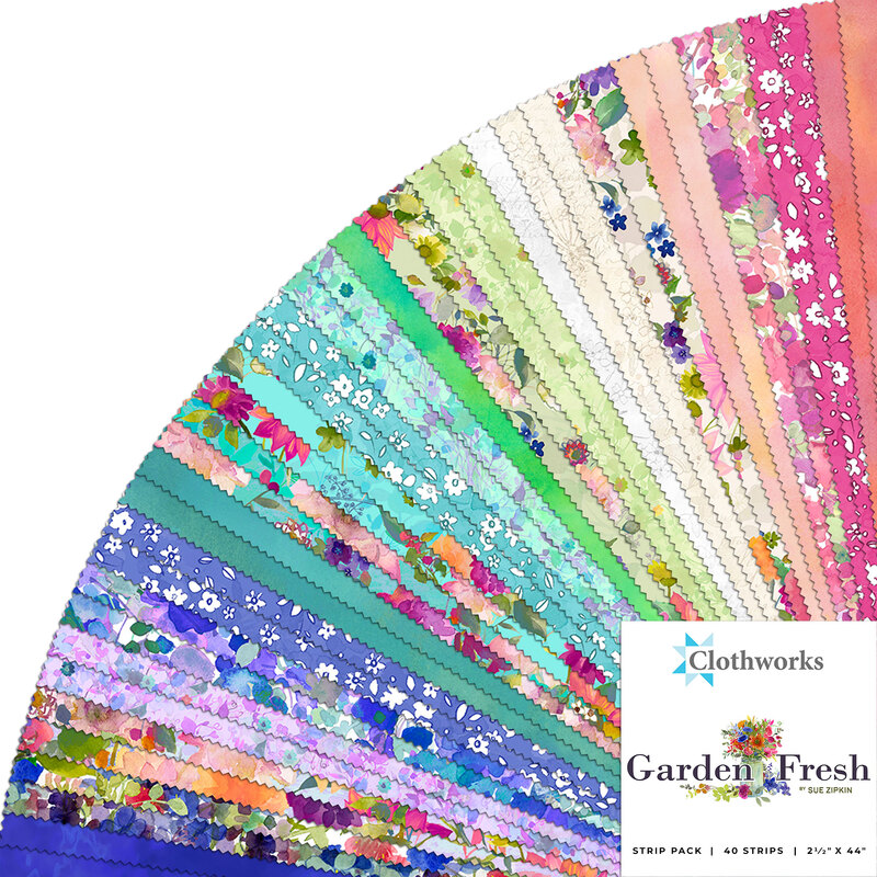 Collage of colorful fabrics included in the Garden Fresh collection.