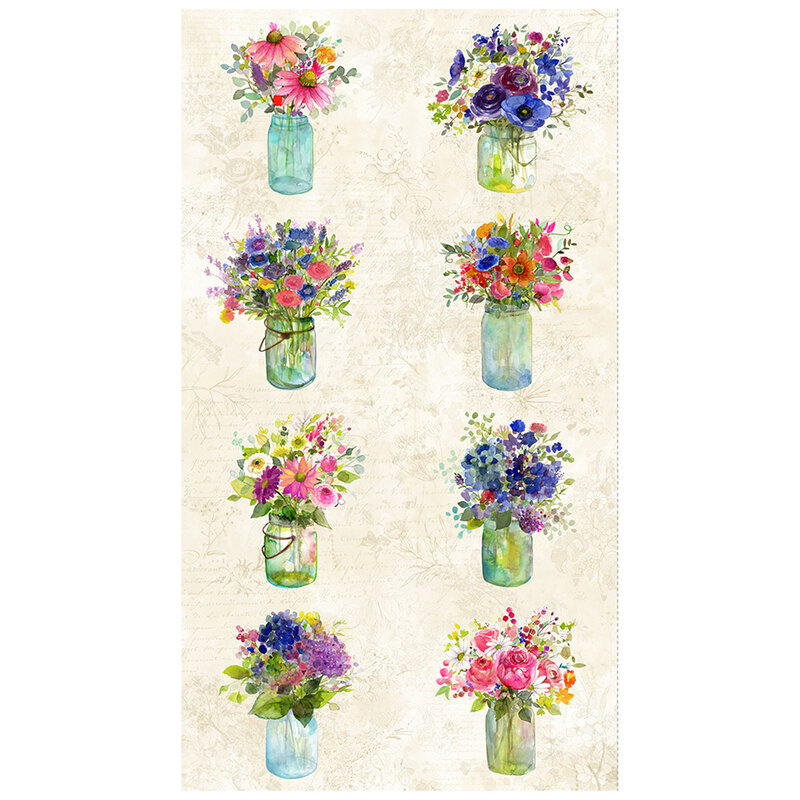 Panel featuring eight jars of bright spring flowers on a cream-colored botanical notes background.