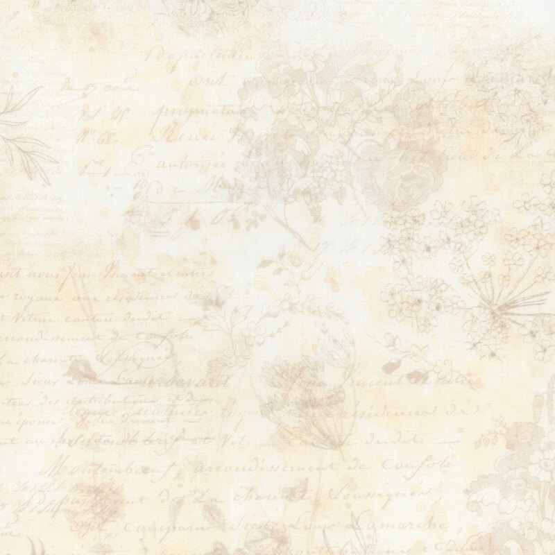 Pattern of handwritten botanical notes and sketches on a cream-colored paper texture background.