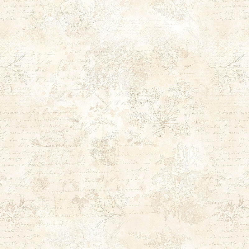 Pattern of handwritten botanical notes and sketches on a cream-colored paper texture background.