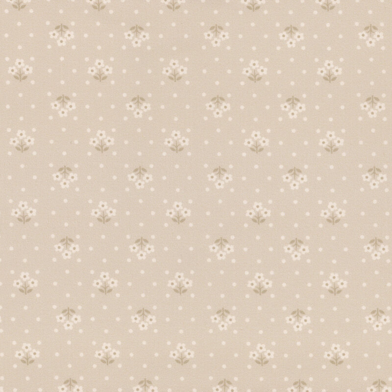 Beige fabric, featuring small white polka dots and white flower bundles