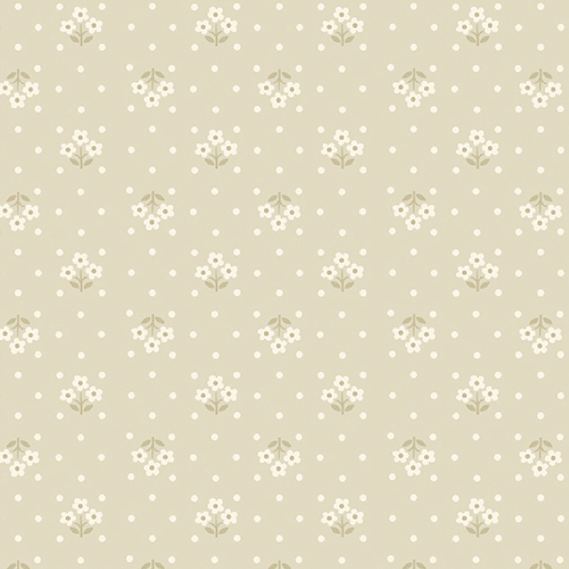 lovely cool tan fabric, featuring small white polka dots and alternating rows of three white flower bundles
