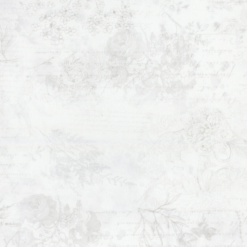 Pattern of handwritten botanical notes and sketches on a white paper texture background.