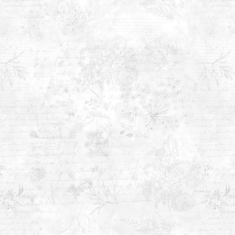 Pattern of handwritten botanical notes and sketches on a white paper texture background.