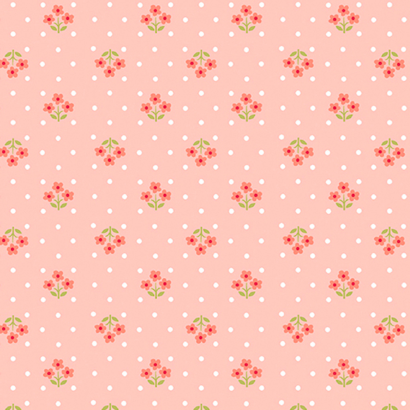 lovely soft pink fabric, featuring small white polka dots and alternating rows of three coral flower bundles