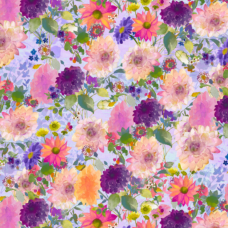 Light purple fabric with a full pattern of watercolor flowers.