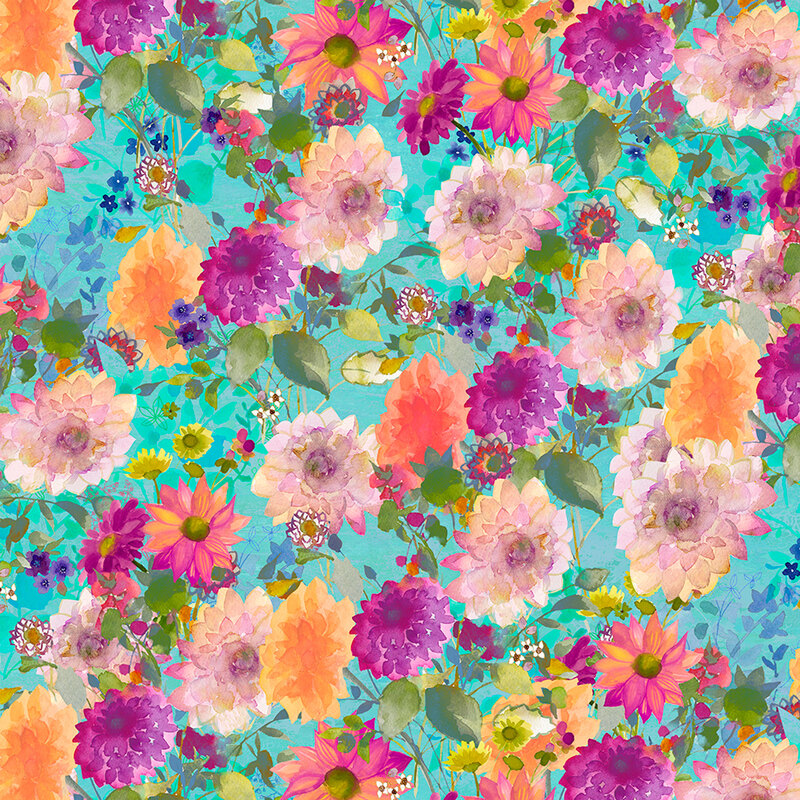 Turquoise fabric with a full pattern of watercolor flowers.