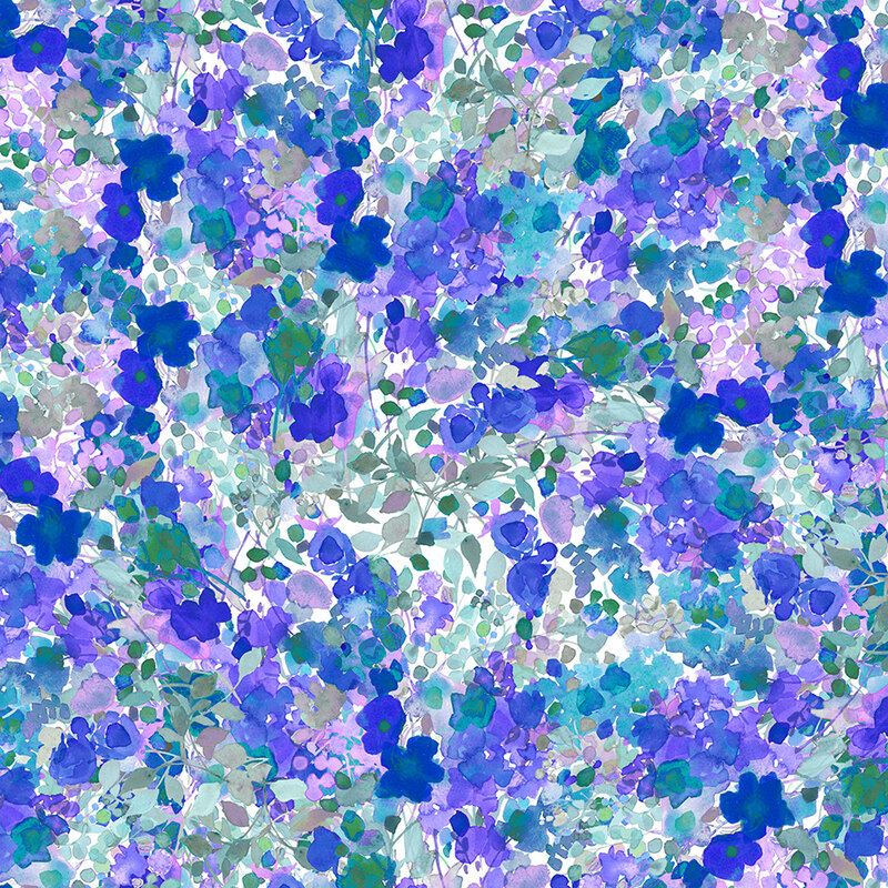 Blue and purple petals and abstract florals on a light background.