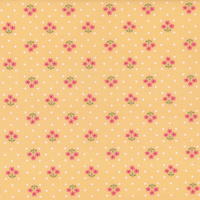 Soft yellow fabric, featuring small white polka dots and pink flower bundles