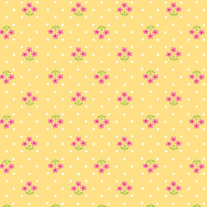 lovely soft yellow fabric, featuring small white polka dots and alternating rows of three pink flower bundles