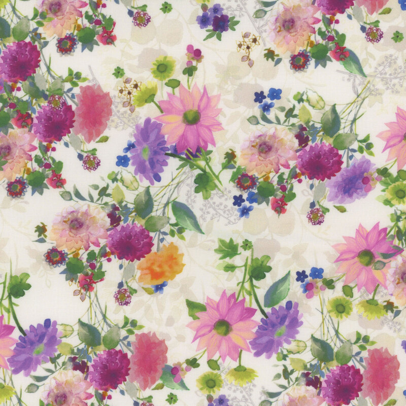 Cream-colored fabric with a pattern of bright watercolor flowers.