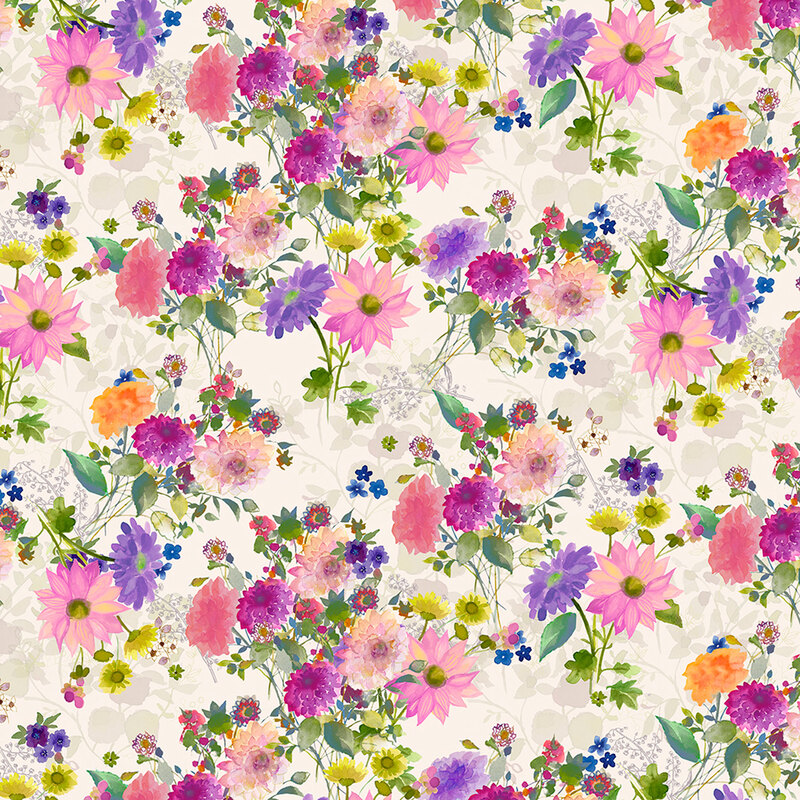 Cream-colored fabric with a pattern of bright watercolor flowers.