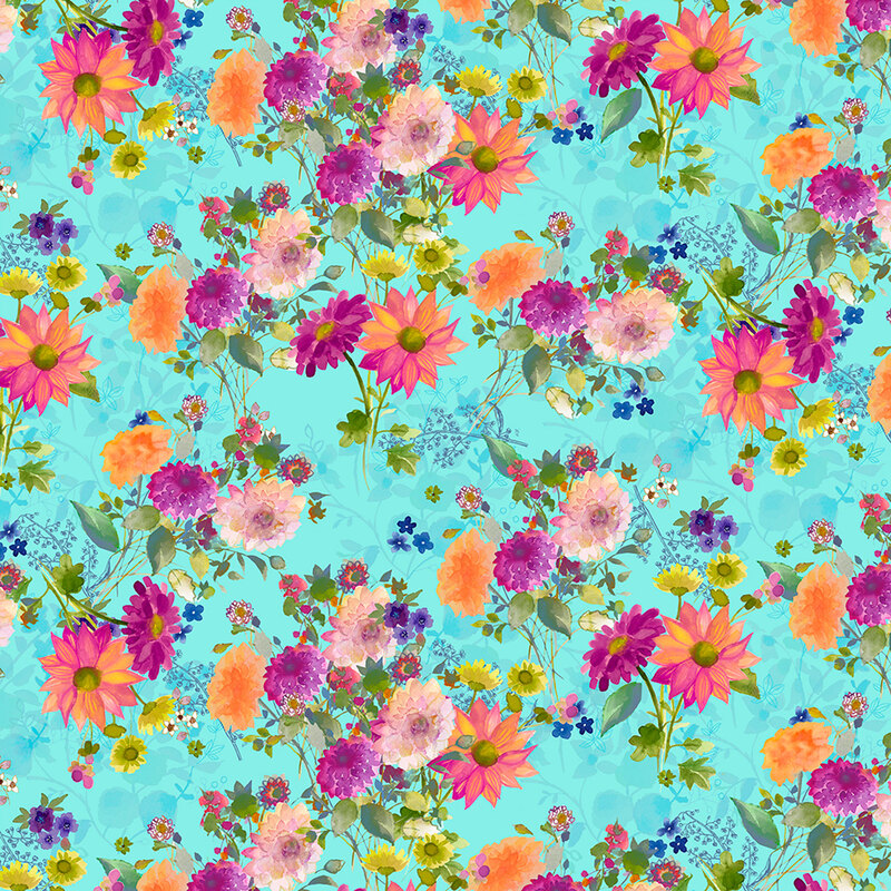 Aqua fabric with a pattern of bright watercolor flowers.