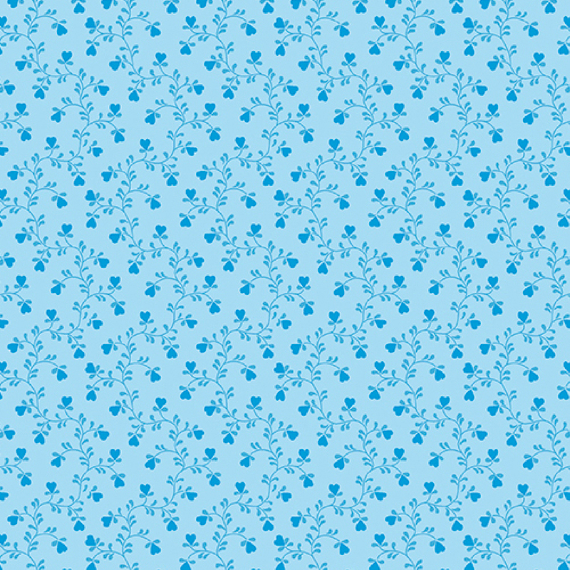gorgeous sky blue fabric, featuring blue winding vines with little blue heart shaped flowers