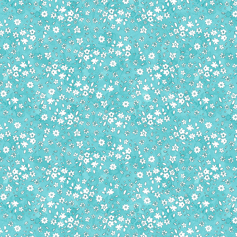 Aqua fabric with a pattern of little white watercolor flowers.