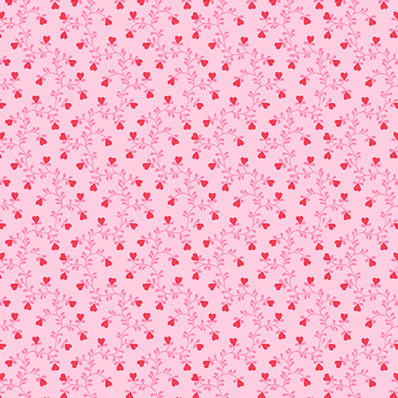 gorgeous light pink fabric, featuring pink winding vines with little red heart shaped flowers