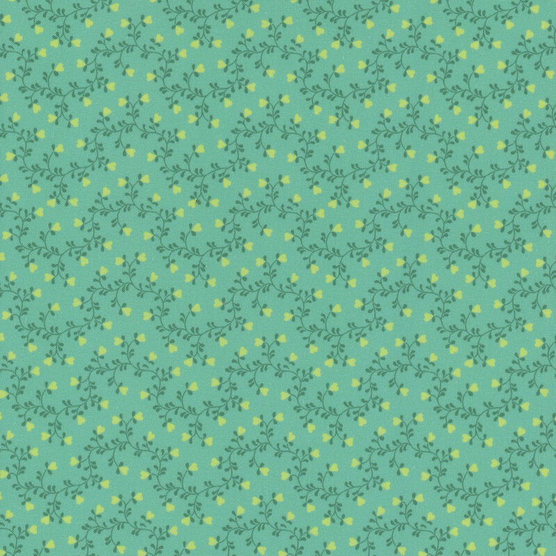 Teal fabric, featuring dark teal winding vines with little yellow heart shaped flowers