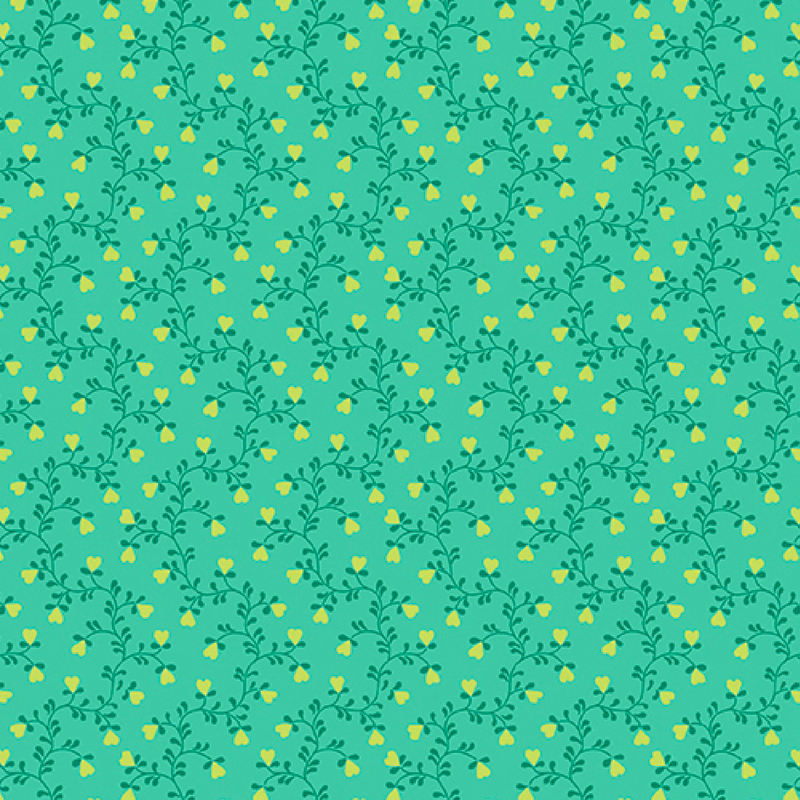gorgeous vibrant teal fabric, featuring dark teal winding vines with little yellow heart shaped flowers