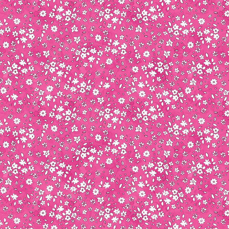 Pink fabric with a pattern of little white watercolor flowers.