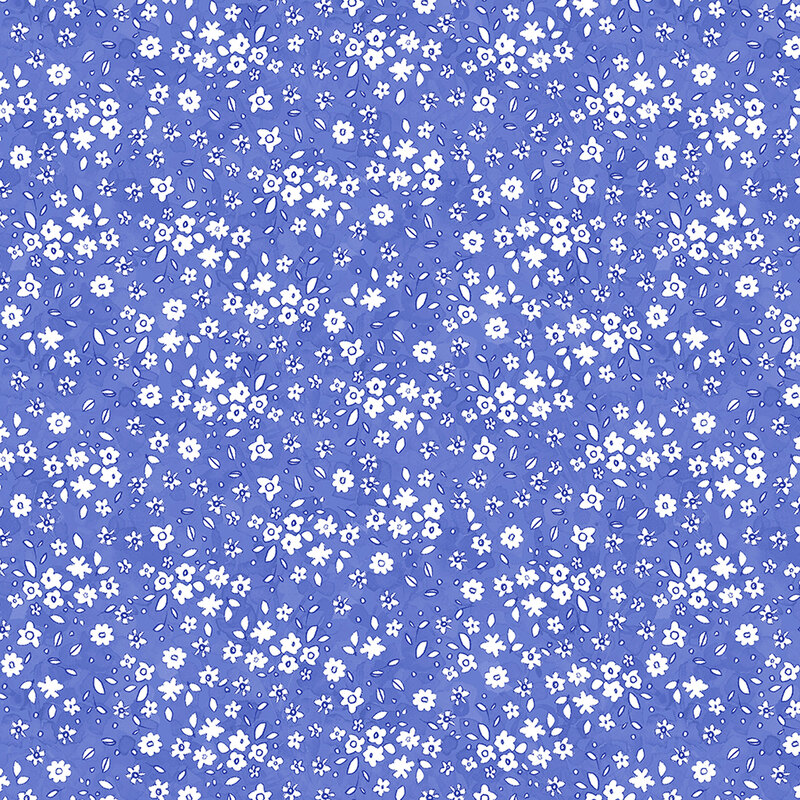 Purple fabric with a pattern of little white watercolor flowers.