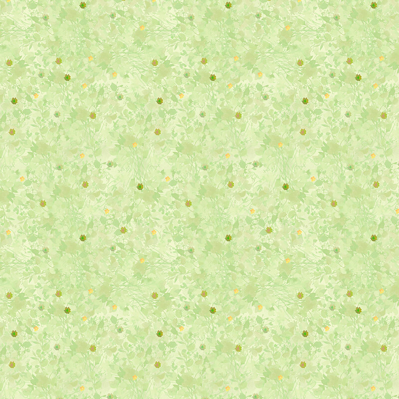 Light green fabric with green leaves and tiny yellow flower details.