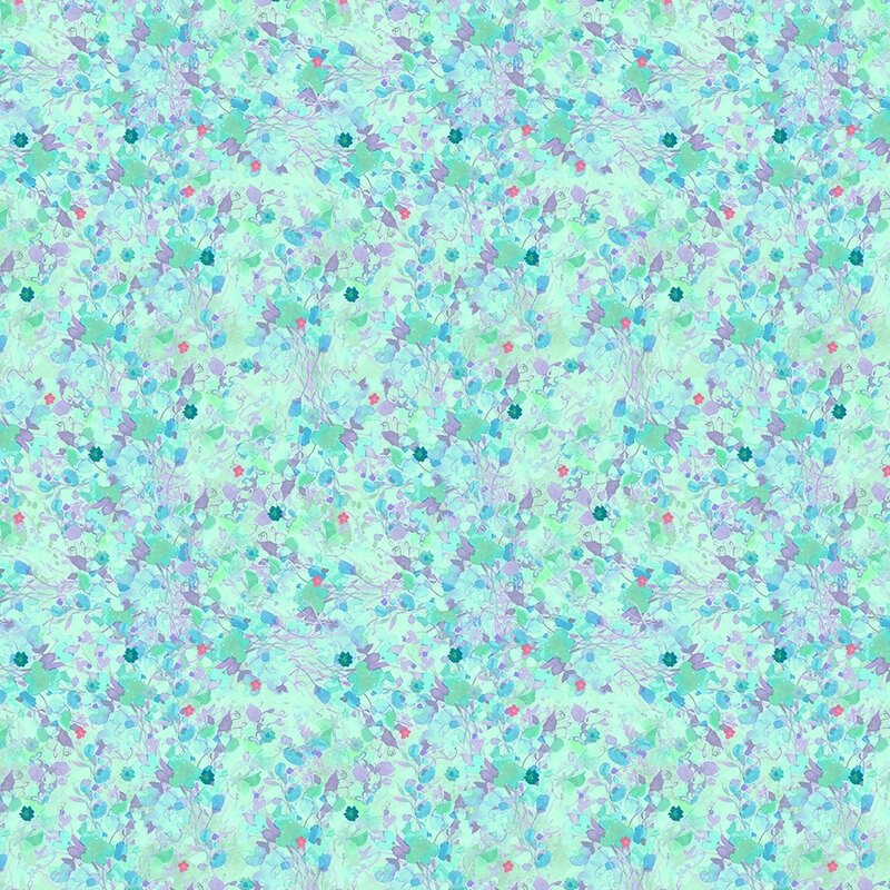 Aqua fabric with blue leaves and tiny pink flower details.