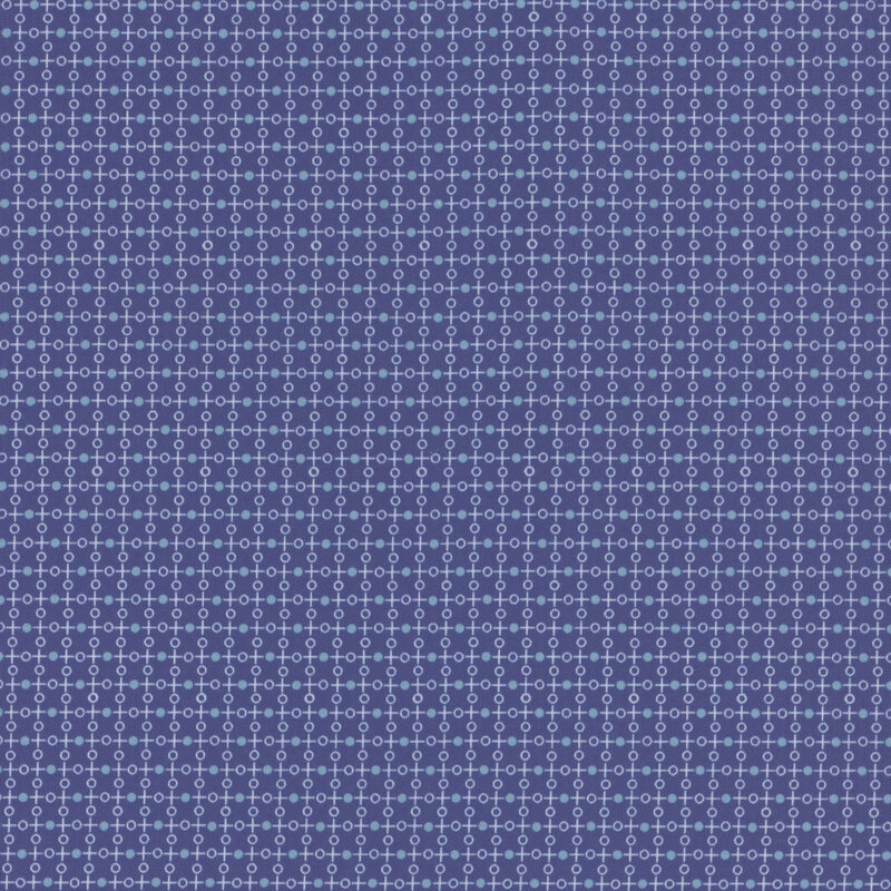 Navy blue fabric, featuring a geometric grid pattern of thin white lines and dots