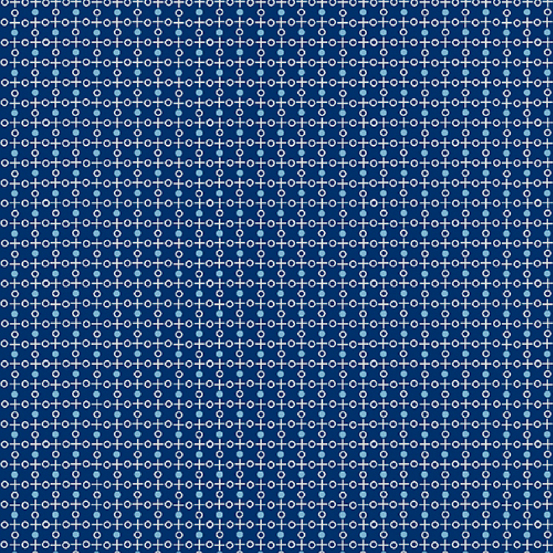 beautiful rich navy blue fabric, featuring a geometric grid pattern of thin white lines with white circle outlines and light blue dots on the midpoint of each grid
