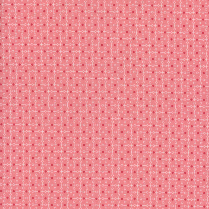 Pink fabric, featuring a geometric grid pattern of thin white lines and dots