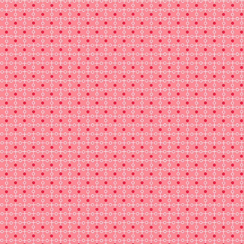 beautiful vivid pink fabric, featuring a geometric grid pattern of thin white lines with white circle outlines and red dots on the midpoint of each grid