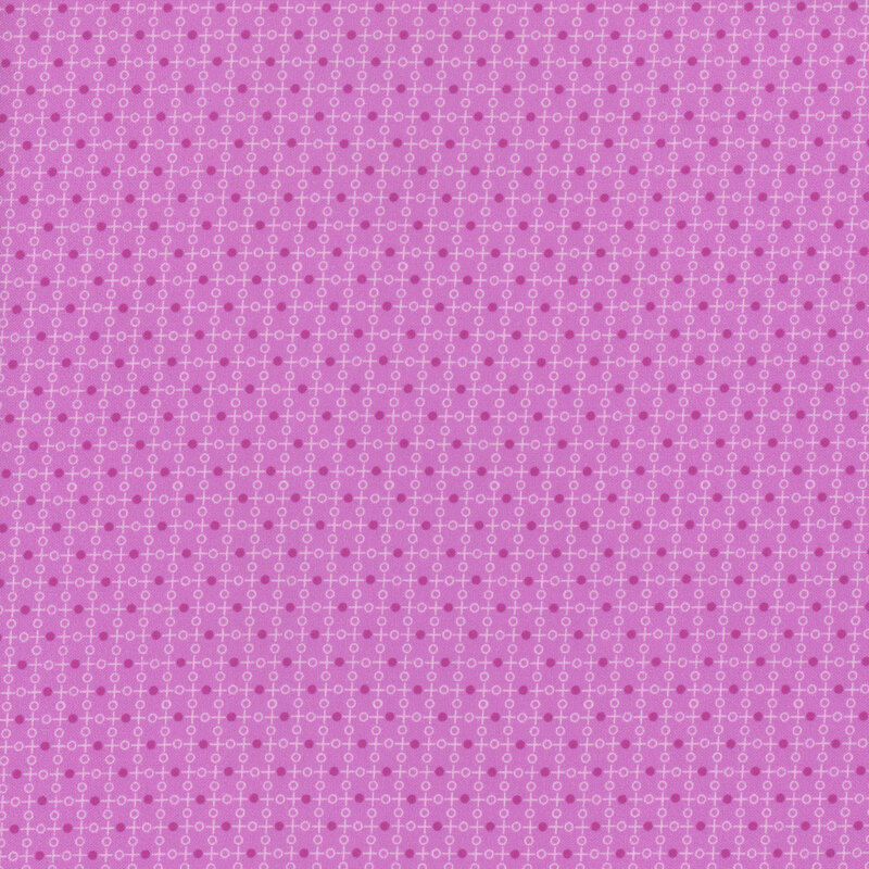 Purple fabric, featuring a geometric grid pattern of thin white lines and dots