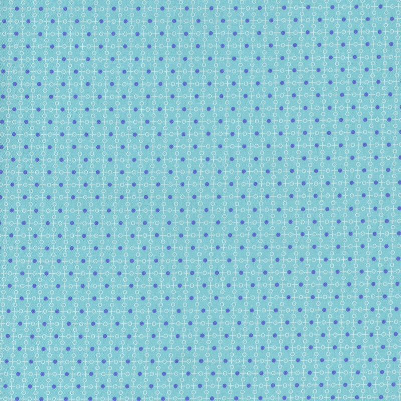 Aqua fabric, featuring a geometric grid pattern of thin white lines and dots