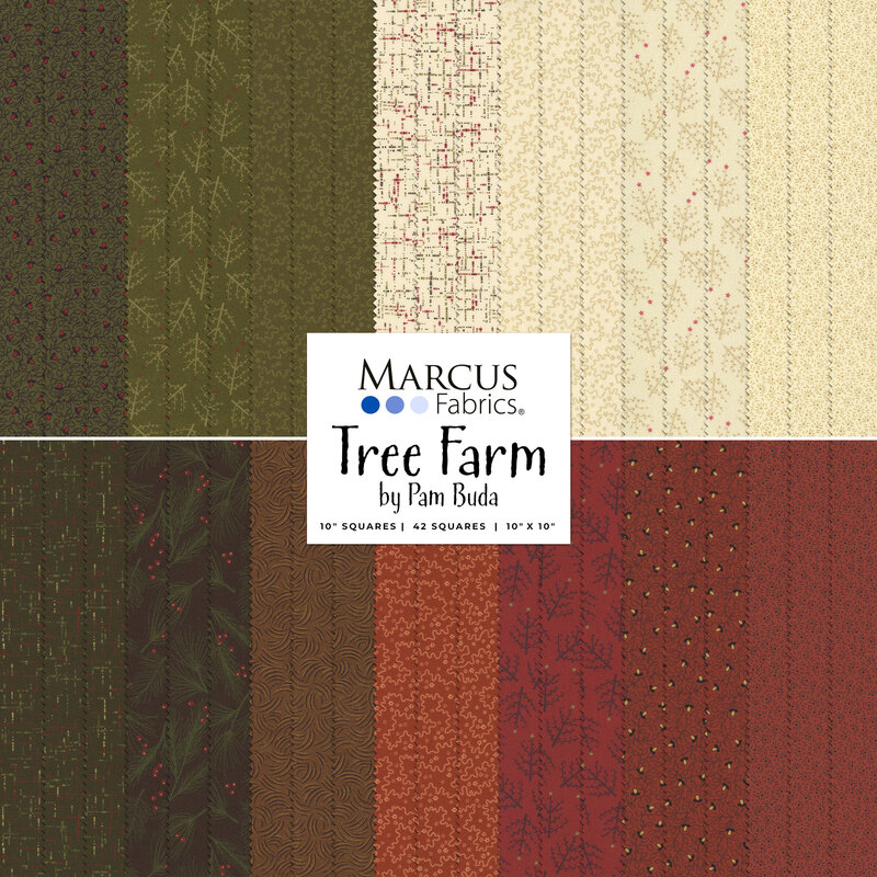 Collage image of fabrics included in the Tree Farm Layer Cake