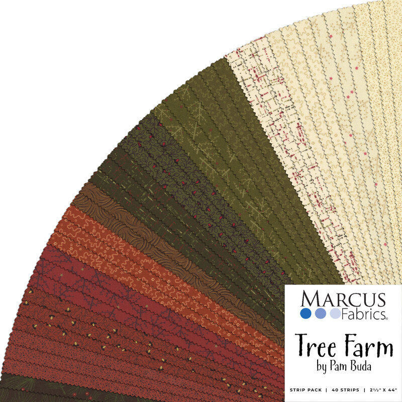 Collage image of fabrics included in the Tree Farm strip roll