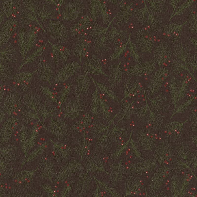 Black fabric with green pine boughs and red winter berries tossed all over.