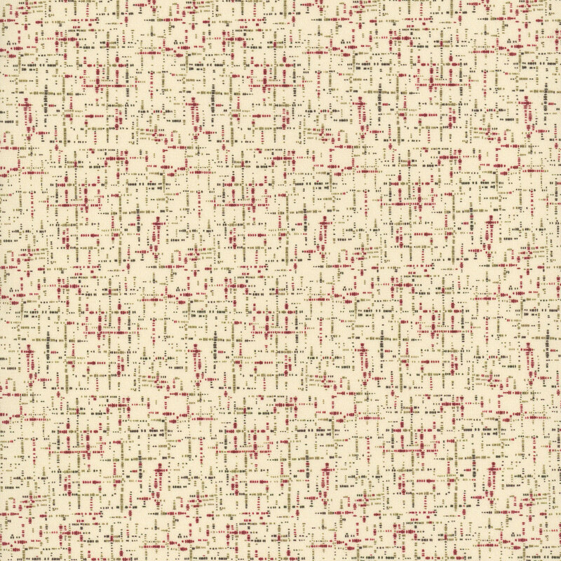 Cream fabric with red and green textured cross hatching all over